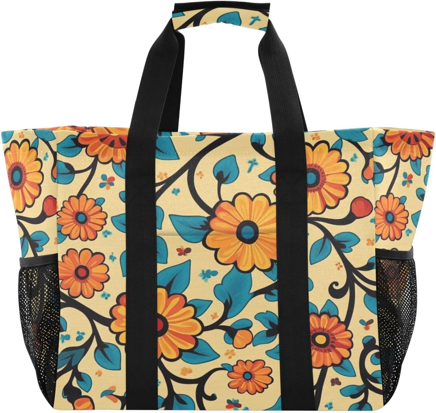 Bold Floral Geometric Reusable Grocery Bags Large Tote Bag Waterproof Canvas Organizer for Beach Picnic Laundry Travel