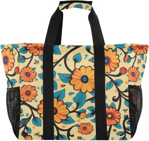 Bold Floral Geometric Reusable Grocery Bags Large Tote Bag Waterproof Canvas Organizer for Beach Picnic Laundry Travel