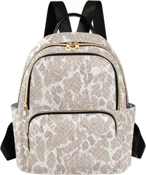 Bold Leaf Print Cream Campus Backpack Purse Bookbag Quilted Backpack for Women 13" Laptop Backpack Stylish Printed Rucksack with Multiple Pockets Lightweight Travel