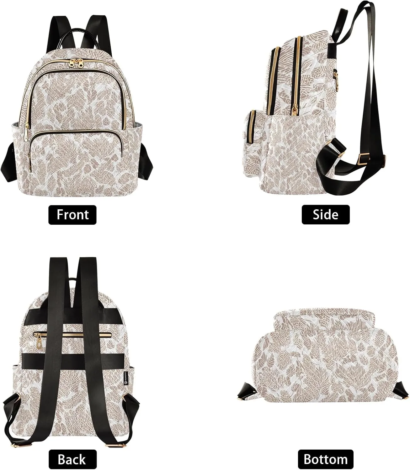 Bold Leaf Print Cream Campus Backpack Purse Bookbag Quilted Backpack for Women 13" Laptop Backpack Stylish Printed Rucksack with Multiple Pockets Lightweight Travel