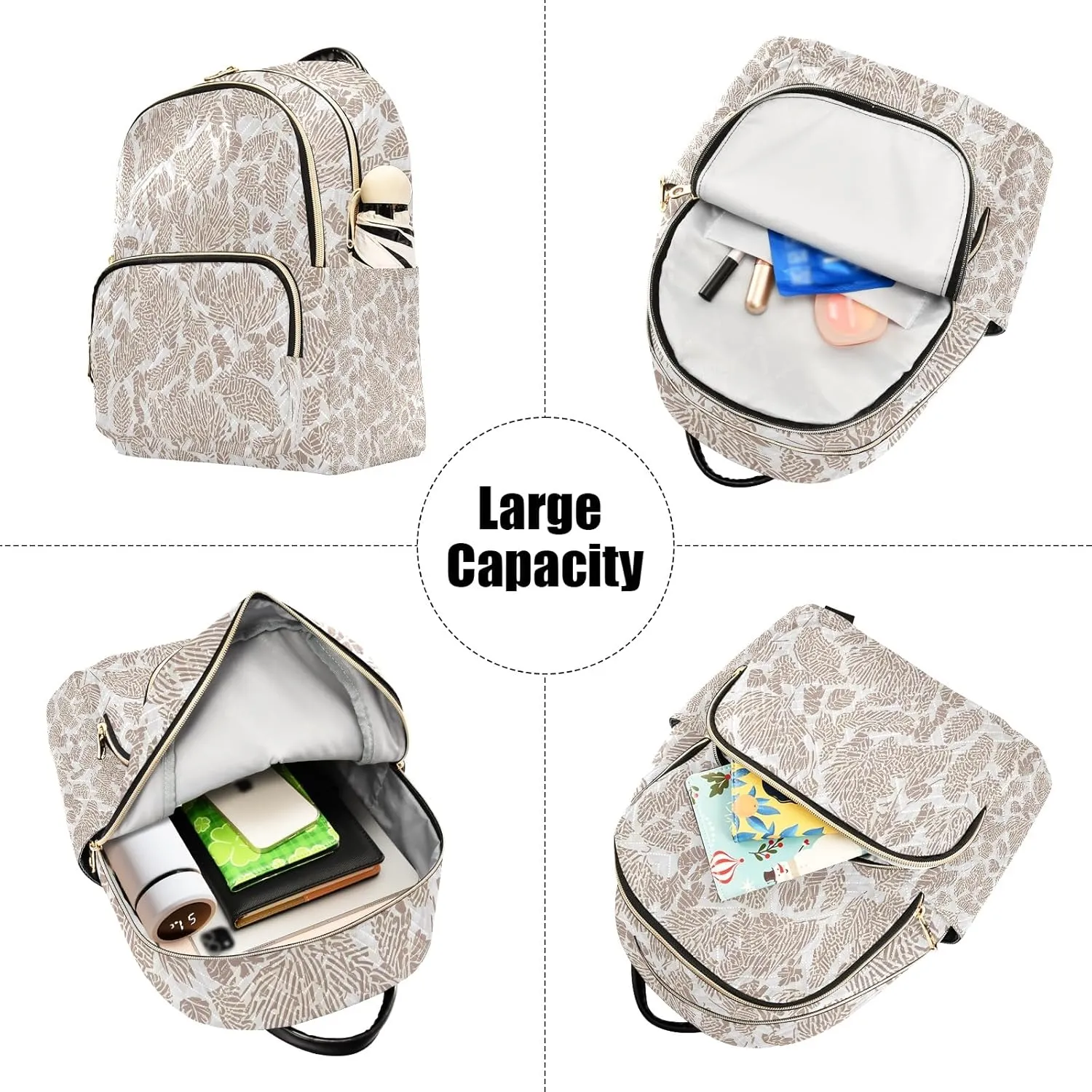Bold Leaf Print Cream Campus Backpack Purse Bookbag Quilted Backpack for Women 13" Laptop Backpack Stylish Printed Rucksack with Multiple Pockets Lightweight Travel