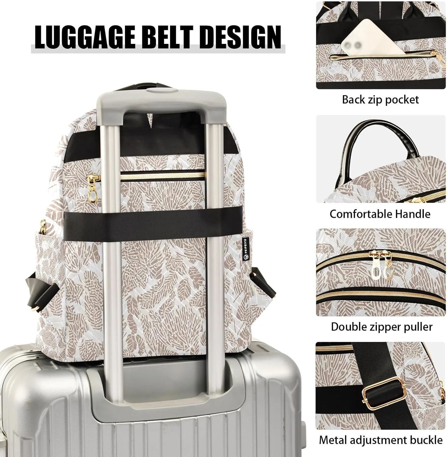Bold Leaf Print Cream Campus Backpack Purse Bookbag Quilted Backpack for Women 13" Laptop Backpack Stylish Printed Rucksack with Multiple Pockets Lightweight Travel