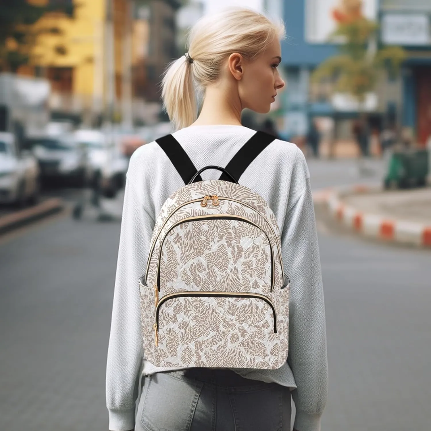 Bold Leaf Print Cream Campus Backpack Purse Bookbag Quilted Backpack for Women 13" Laptop Backpack Stylish Printed Rucksack with Multiple Pockets Lightweight Travel