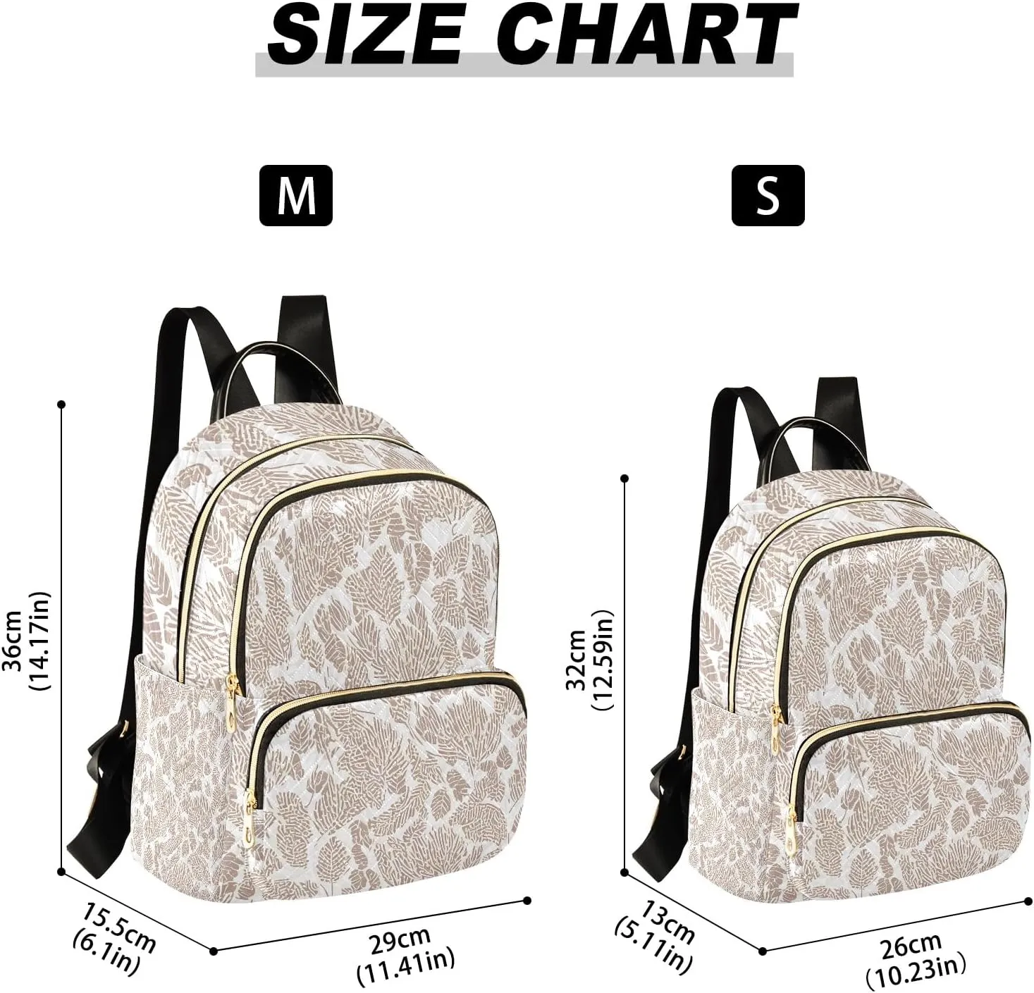Bold Leaf Print Cream Campus Backpack Purse Bookbag Quilted Backpack for Women 13" Laptop Backpack Stylish Printed Rucksack with Multiple Pockets Lightweight Travel