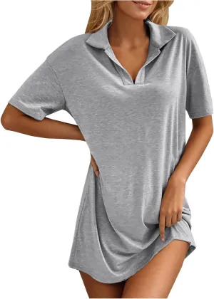 Borniu Women's Summer Casual Solid Color Comforable Mini Dresses 2025 Lapel V Neck Short Sleeve Flowy A Line T Shirt Dress