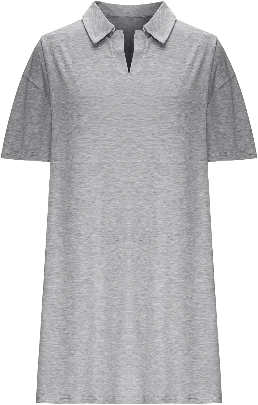 Borniu Women's Summer Casual Solid Color Comforable Mini Dresses 2025 Lapel V Neck Short Sleeve Flowy A Line T Shirt Dress