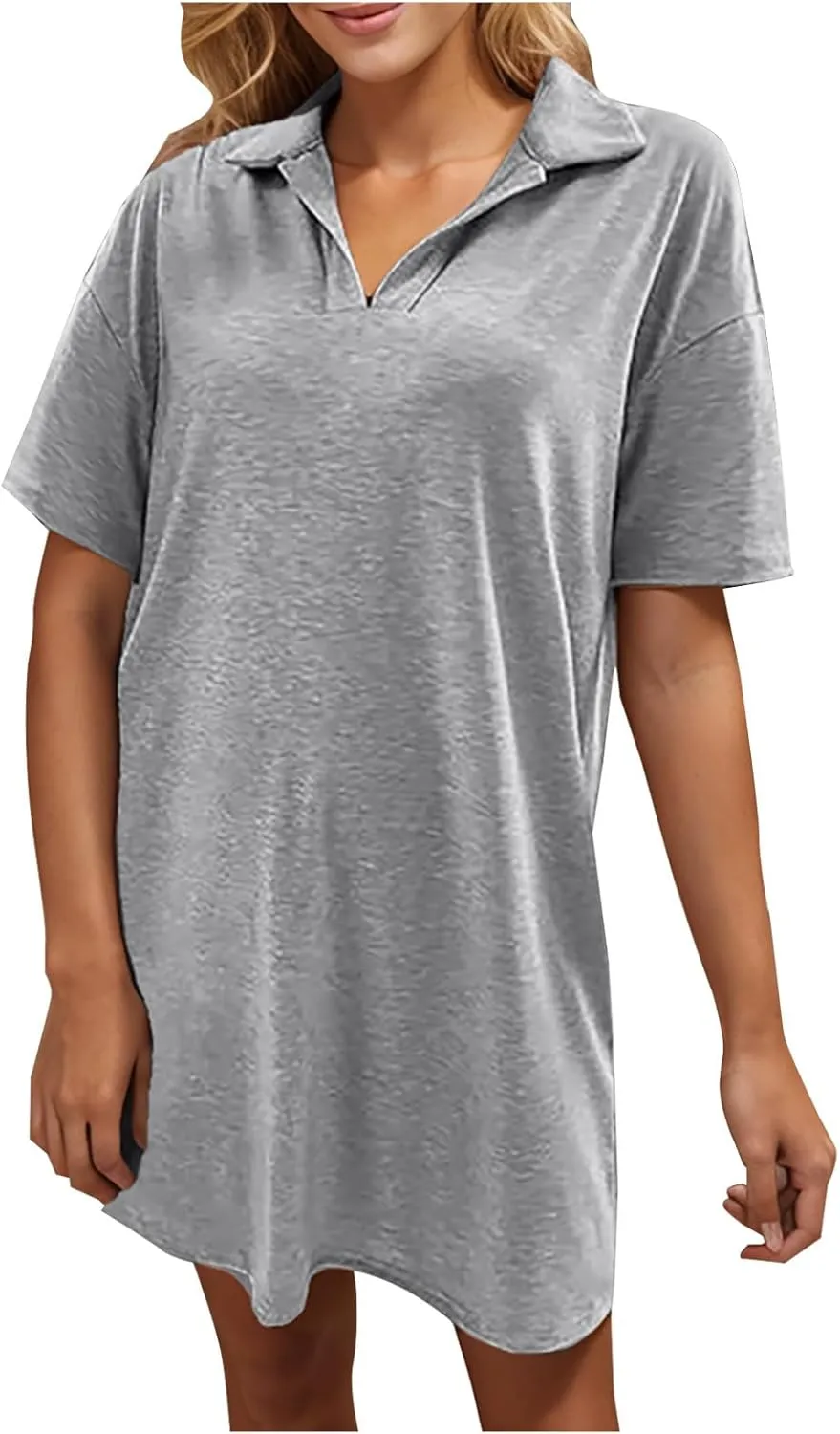 Borniu Women's Summer Casual Solid Color Comforable Mini Dresses 2025 Lapel V Neck Short Sleeve Flowy A Line T Shirt Dress