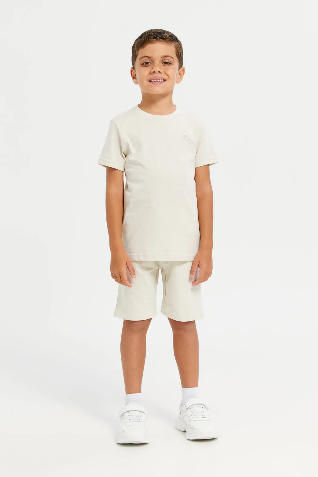 Boys Beige And Olive Active Shorts Set (2 Piece)