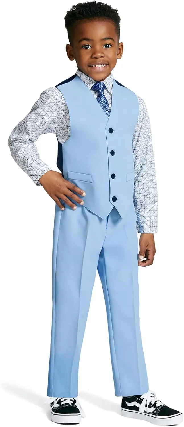 Calvin Klein Boys' 4-Piece Formal Suit Set, Vest, Pants, Collared Dress Shirt, and Tie