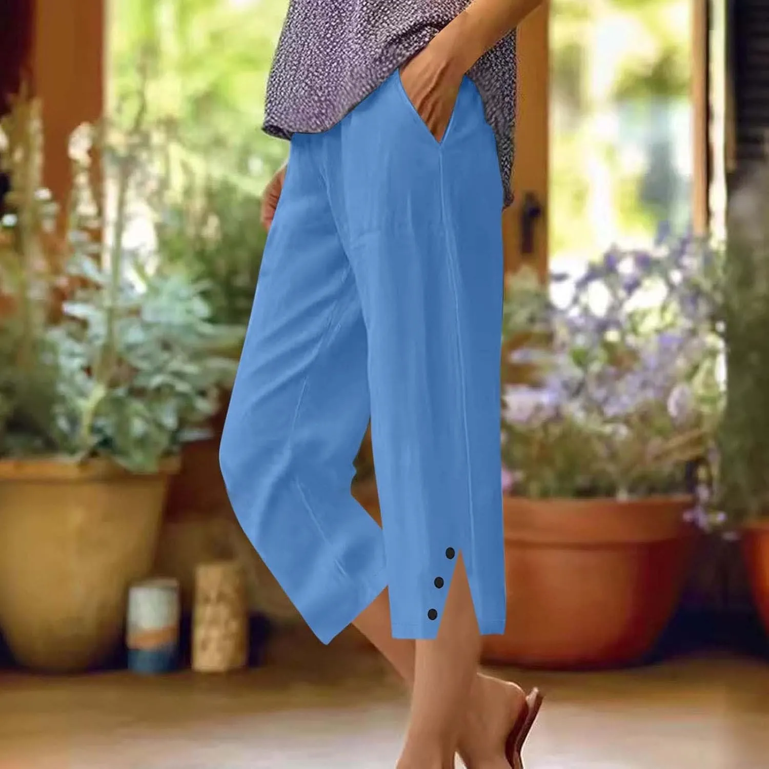 Capri Pants for Women Straight Wide Leg Linen Trousers Casual Lightweight Summer Clothing with Pockets