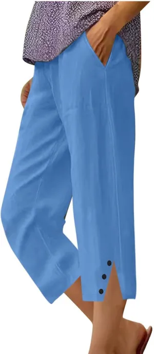 Capri Pants for Women Straight Wide Leg Linen Trousers Casual Lightweight Summer Clothing with Pockets