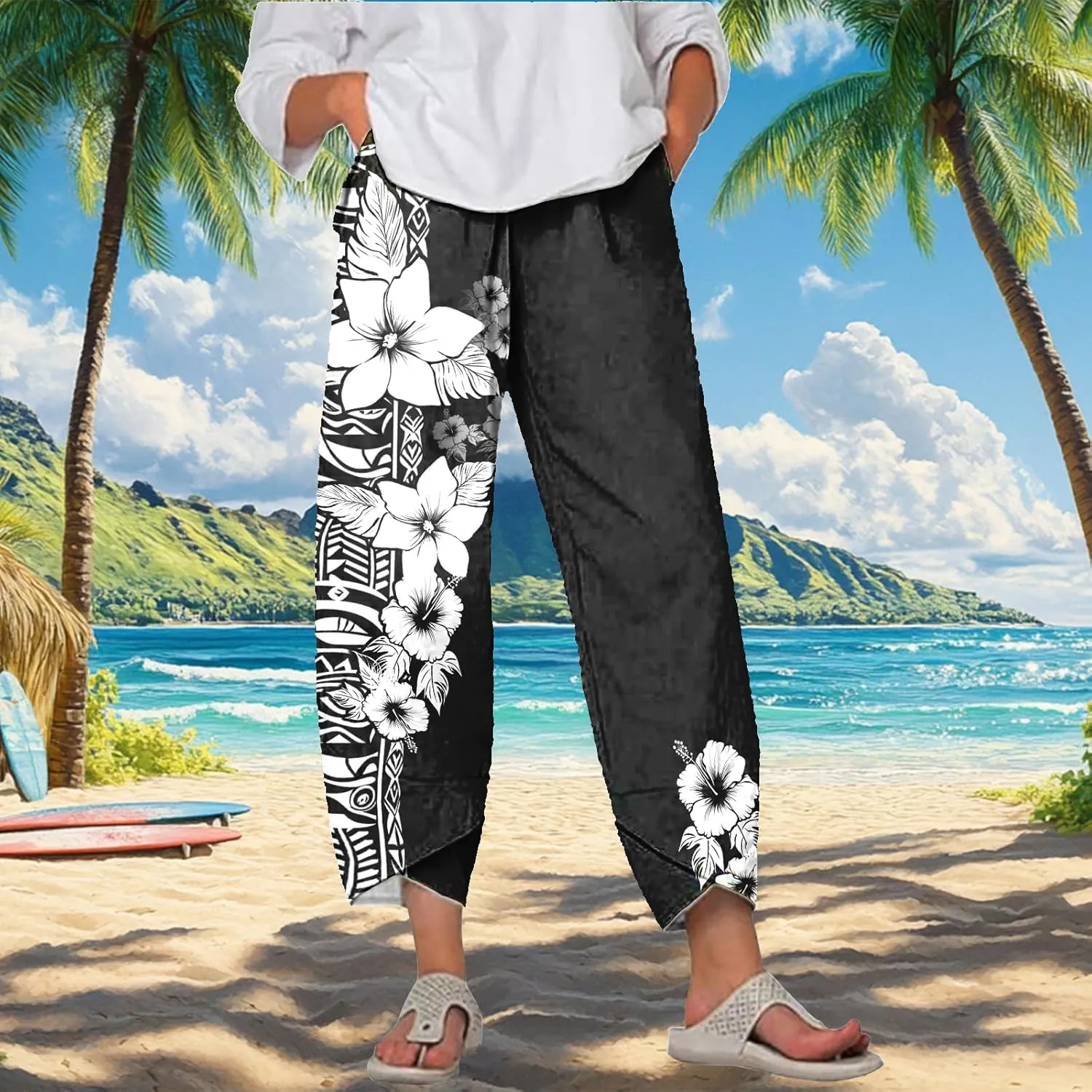 Capri Pants for Women Wide Leg Plus Size Casual Summer Beach Elastic Waist 2025 Fashion Trendy Pants with Pockets