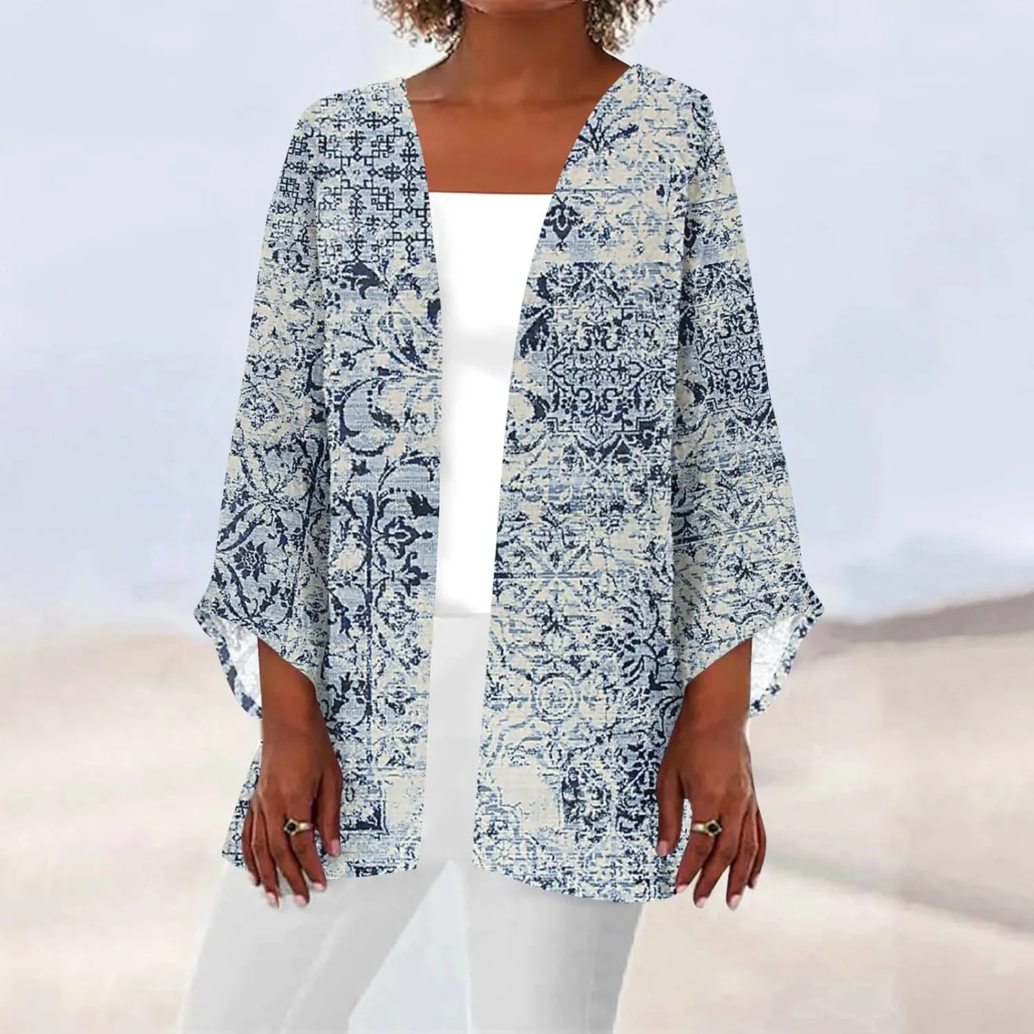 Cardigans for Women 2025 Retro Print 3/4 Sleeve Cardigans Lightweight Blouse Tops Coat Casual Duster Jackets