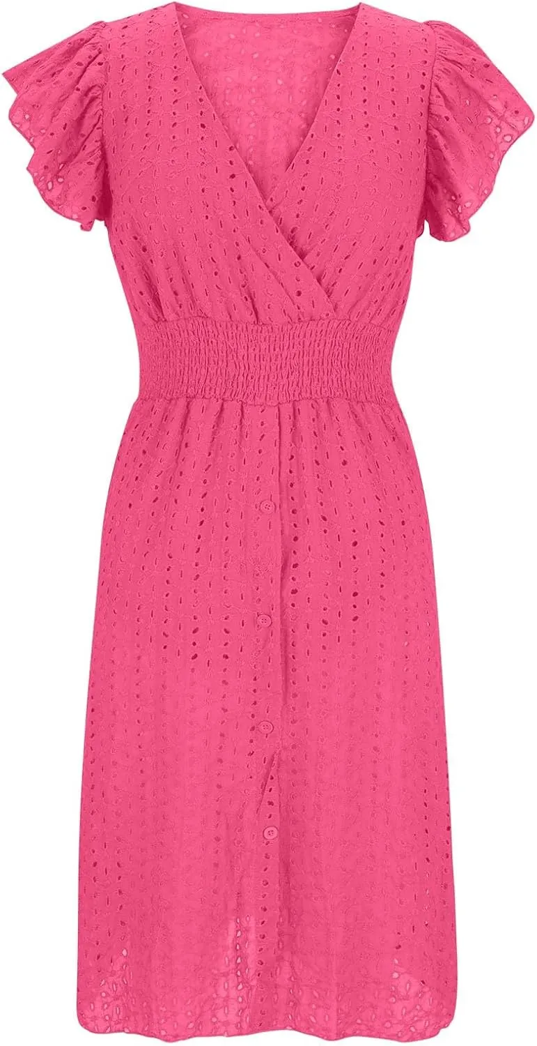 Casual Summer Dresses for Women Eyelet Ruffle Cap Sleeve Mini Dress Vneck Smocked Waist A Line Beach Vacation Dresses