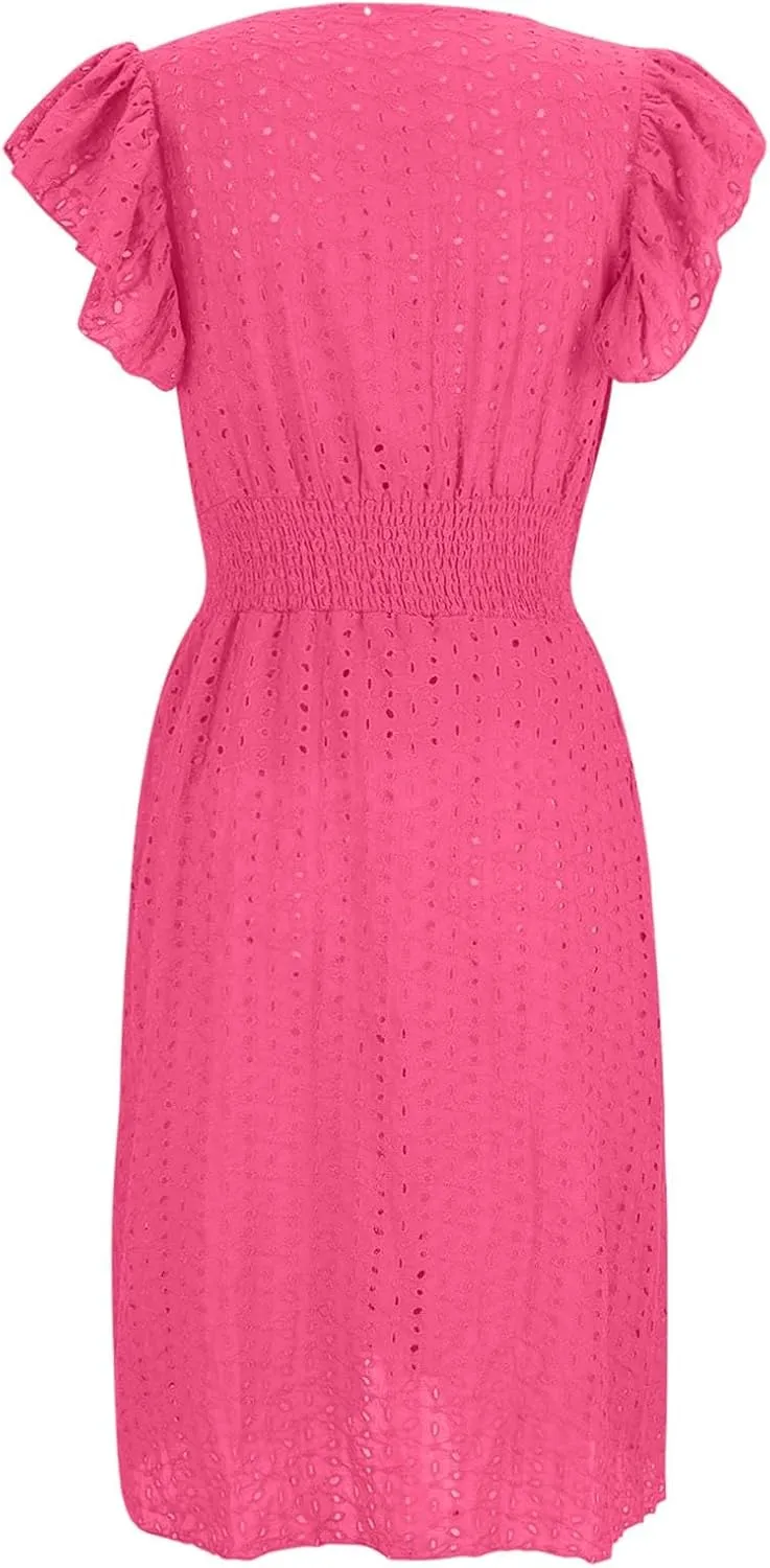 Casual Summer Dresses for Women Eyelet Ruffle Cap Sleeve Mini Dress Vneck Smocked Waist A Line Beach Vacation Dresses