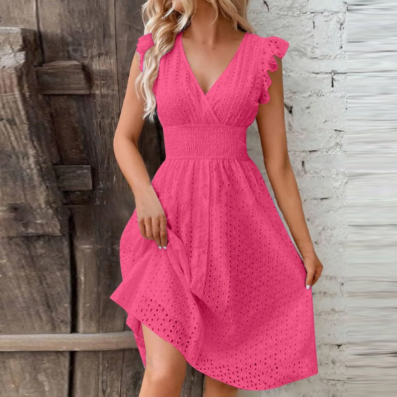 Casual Summer Dresses for Women Eyelet Ruffle Cap Sleeve Mini Dress Vneck Smocked Waist A Line Beach Vacation Dresses