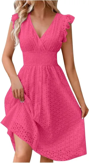 Casual Summer Dresses for Women Eyelet Ruffle Cap Sleeve Mini Dress Vneck Smocked Waist A Line Beach Vacation Dresses