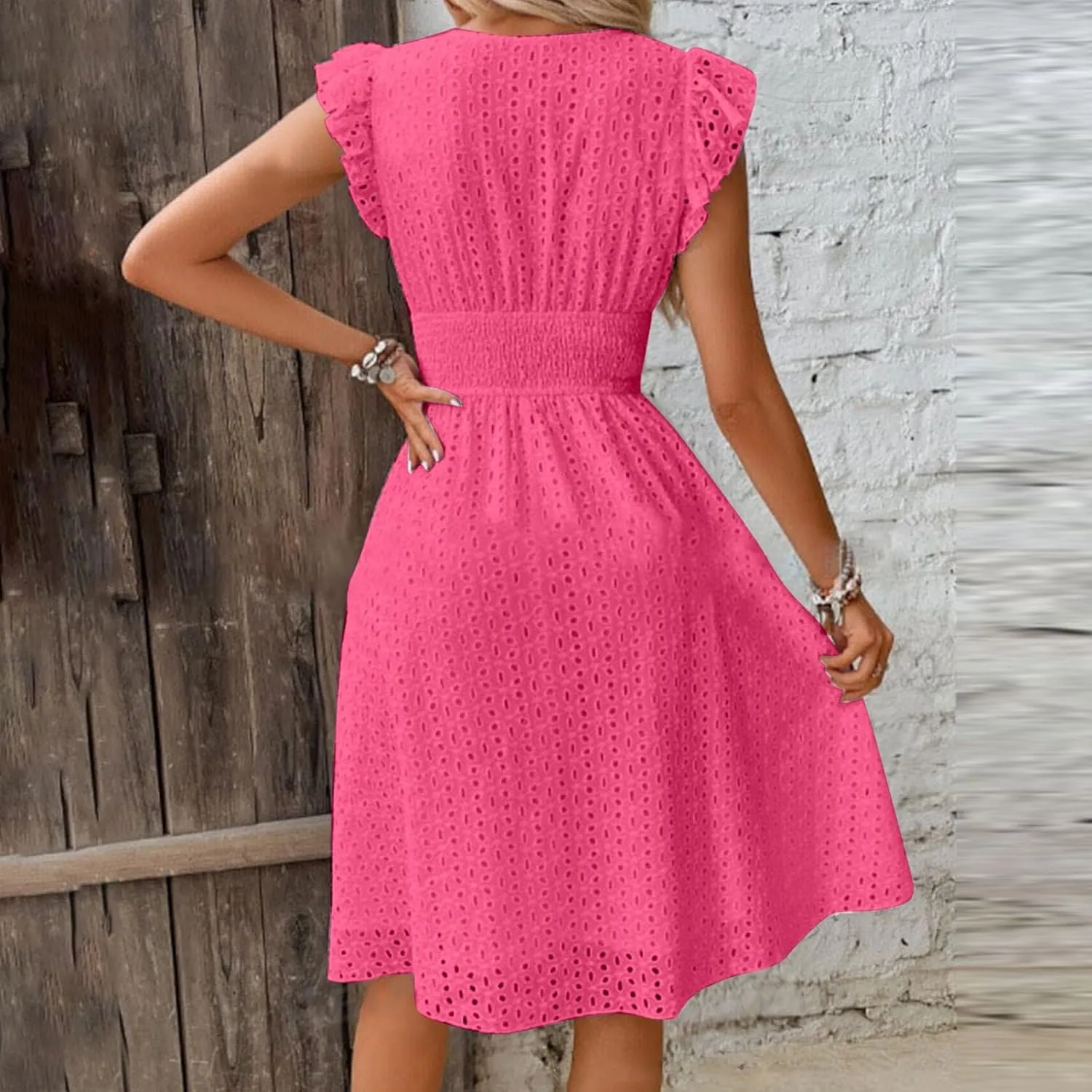 Casual Summer Dresses for Women Eyelet Ruffle Cap Sleeve Mini Dress Vneck Smocked Waist A Line Beach Vacation Dresses