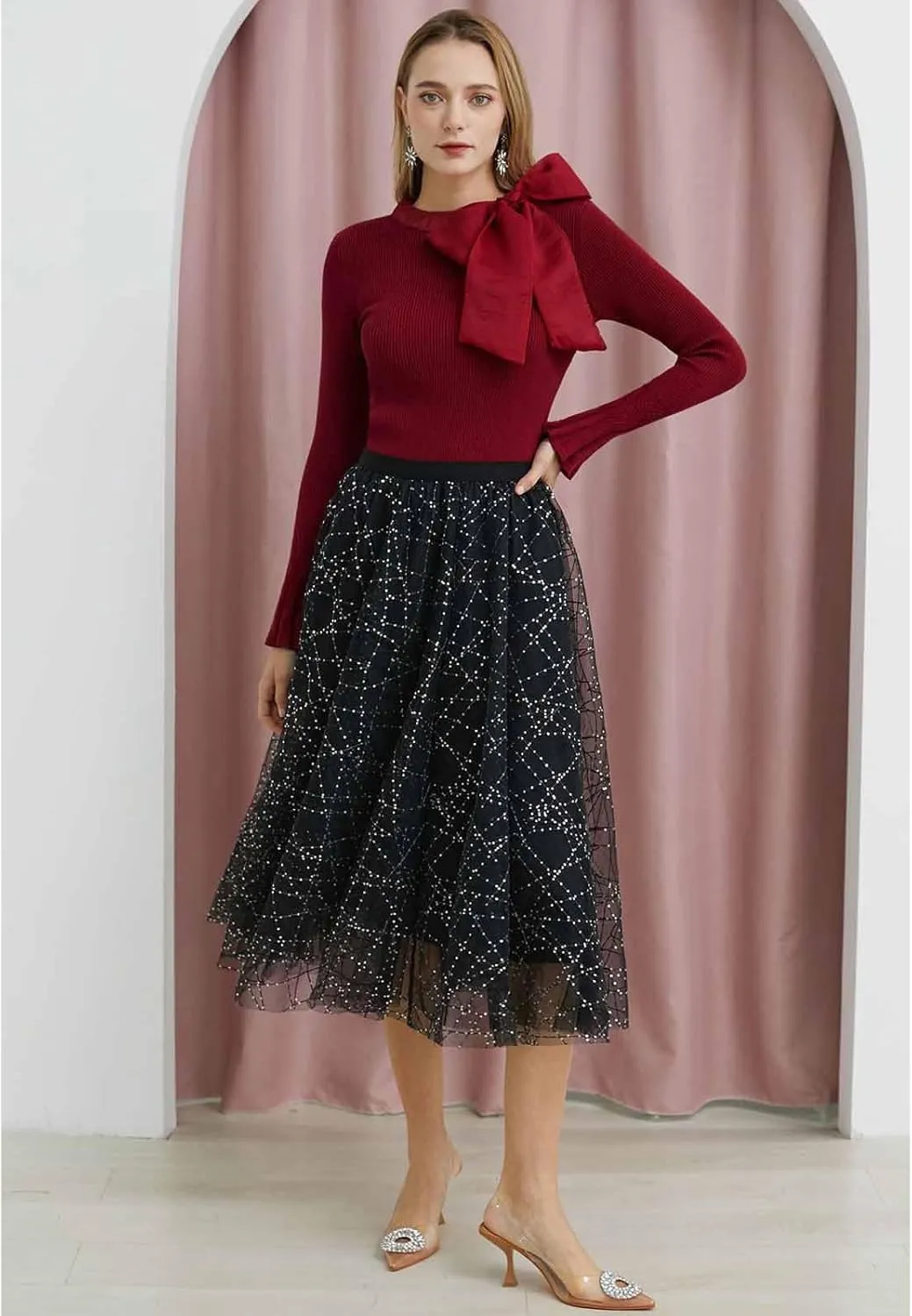 CHICWISH Women Bow Tied Long Sleeve Knit Top Mock Neck Slim Fitted Elegant Blouses Top Solid Wrap Pullover Tops
