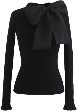 CHICWISH Women Bow Tied Long Sleeve Knit Top Mock Neck Slim Fitted Elegant Blouses Top Solid Wrap Pullover Tops
