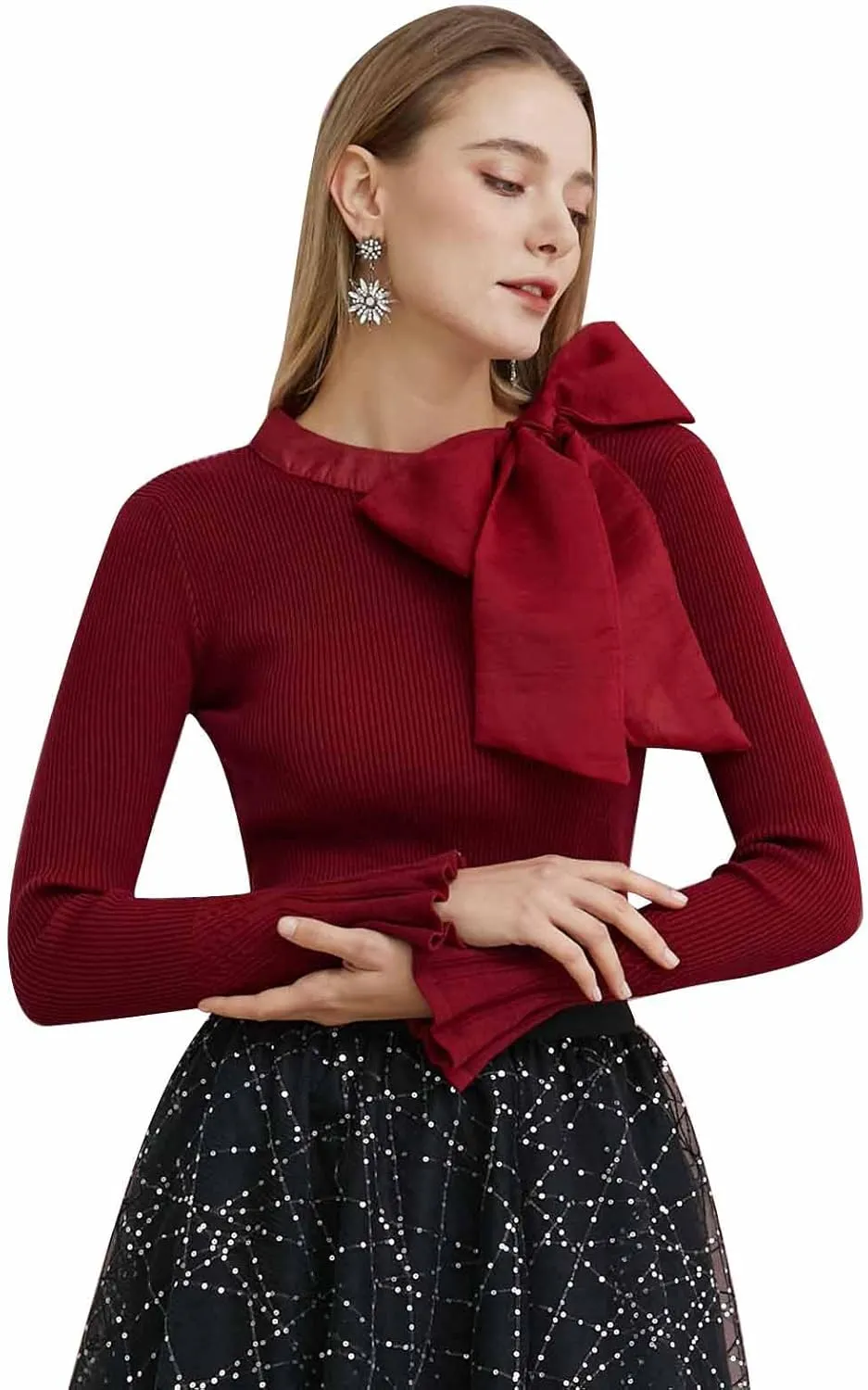 CHICWISH Women Bow Tied Long Sleeve Knit Top Mock Neck Slim Fitted Elegant Blouses Top Solid Wrap Pullover Tops