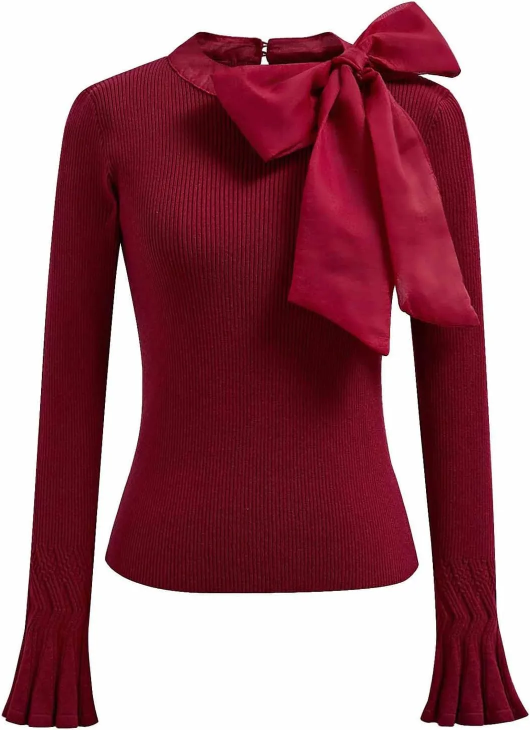 CHICWISH Women Bow Tied Long Sleeve Knit Top Mock Neck Slim Fitted Elegant Blouses Top Solid Wrap Pullover Tops