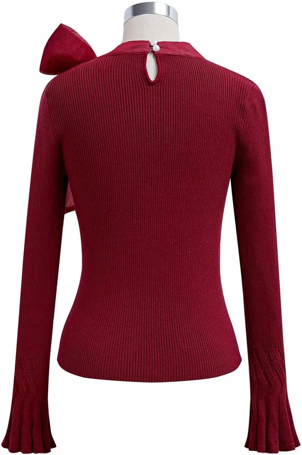 CHICWISH Women Bow Tied Long Sleeve Knit Top Mock Neck Slim Fitted Elegant Blouses Top Solid Wrap Pullover Tops