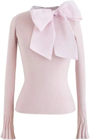 CHICWISH Women Bow Tied Long Sleeve Knit Top Mock Neck Slim Fitted Elegant Blouses Top Solid Wrap Pullover Tops