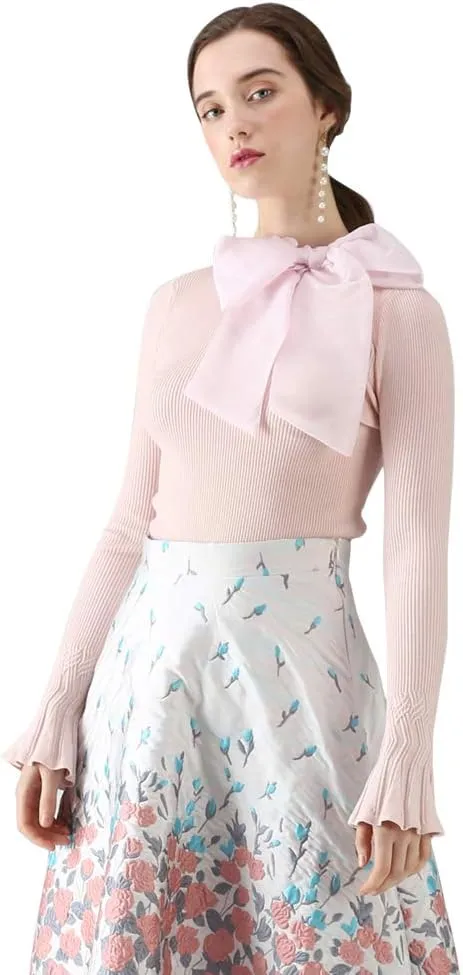 CHICWISH Women Bow Tied Long Sleeve Knit Top Mock Neck Slim Fitted Elegant Blouses Top Solid Wrap Pullover Tops