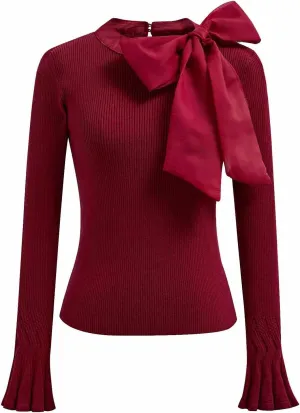 CHICWISH Women Bow Tied Long Sleeve Knit Top Mock Neck Slim Fitted Elegant Blouses Top Solid Wrap Pullover Tops