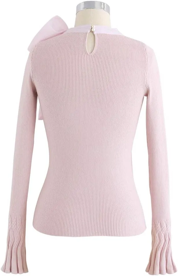 CHICWISH Women Bow Tied Long Sleeve Knit Top Mock Neck Slim Fitted Elegant Blouses Top Solid Wrap Pullover Tops