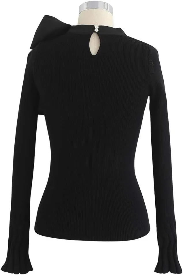 CHICWISH Women Bow Tied Long Sleeve Knit Top Mock Neck Slim Fitted Elegant Blouses Top Solid Wrap Pullover Tops