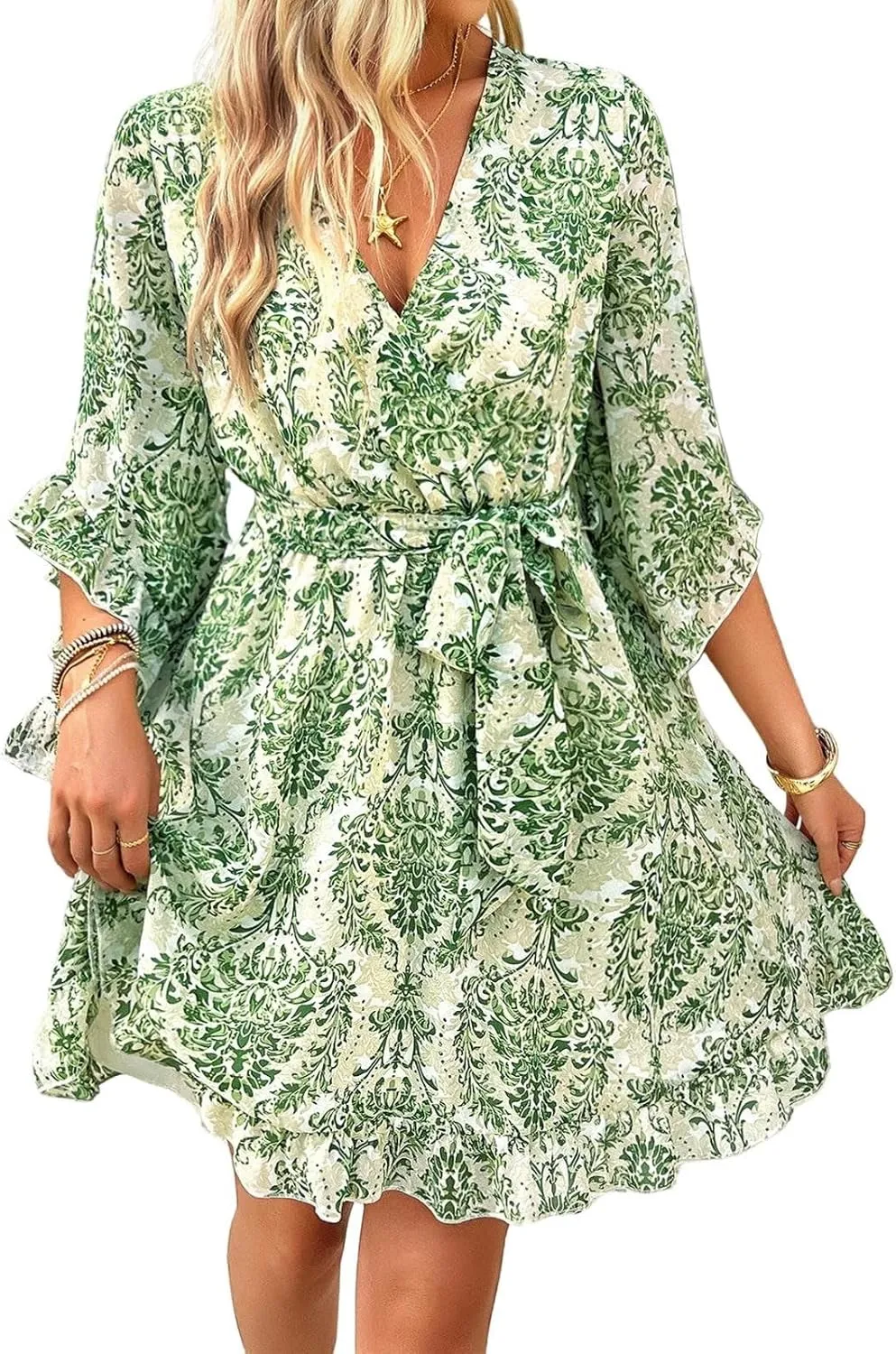 Chiffon Dresses for Women-2025 Summer Elegant Bohemian Half Sleeve V Neck Ruffle Dress Tie Waist Midi A Line Dress