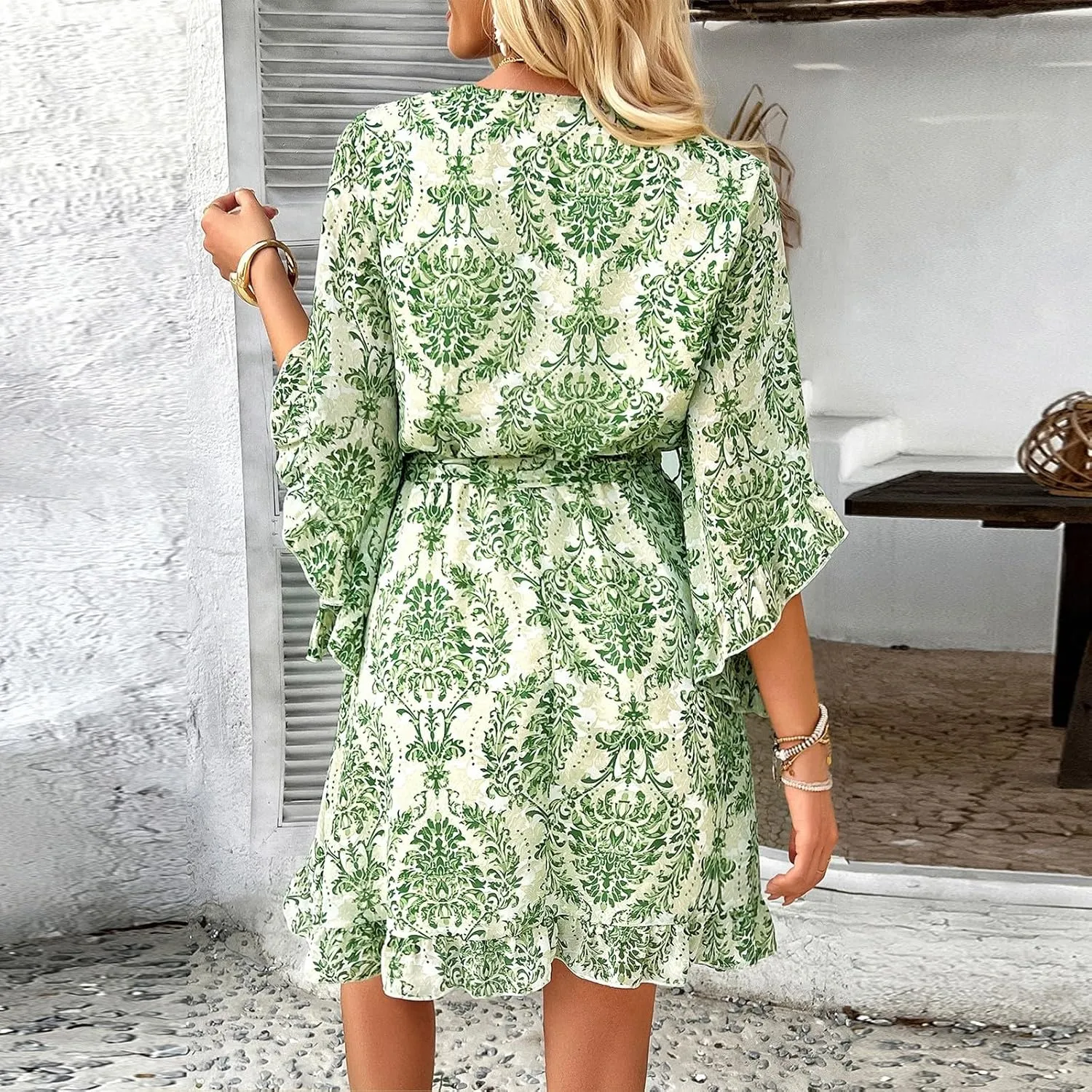 Chiffon Dresses for Women-2025 Summer Elegant Bohemian Half Sleeve V Neck Ruffle Dress Tie Waist Midi A Line Dress