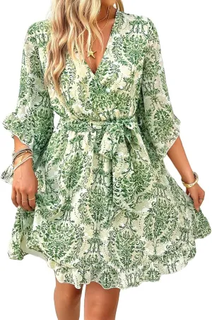 Chiffon Dresses for Women-2025 Summer Elegant Bohemian Half Sleeve V Neck Ruffle Dress Tie Waist Midi A Line Dress