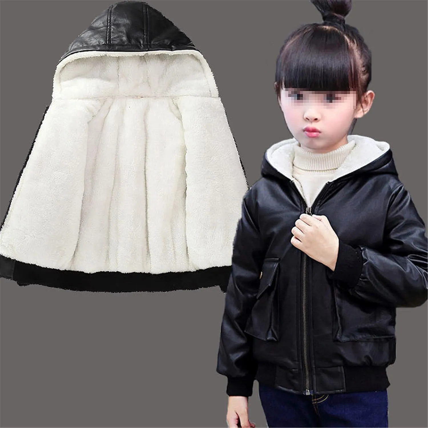 Children Teenage Girl Bikers Leather Hooded Jacket Fall Winter Windbreaker Coat Kids Girl's Outerwear Clothes