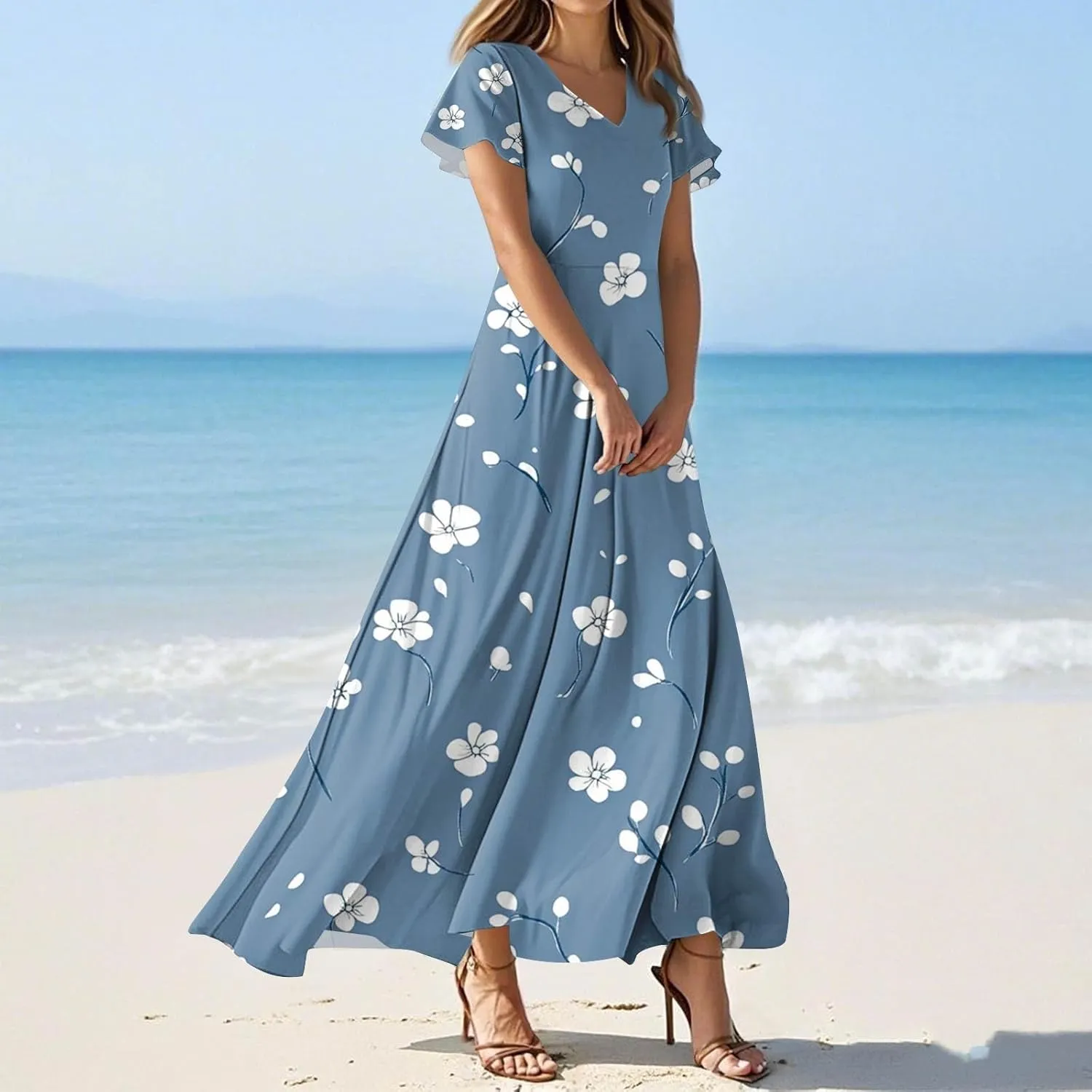 Church Dresses for Women 2025 Summer Elegant Classy Flowy Ruffle Swing V Neck A Line Dress Casual Boho Long Sundress