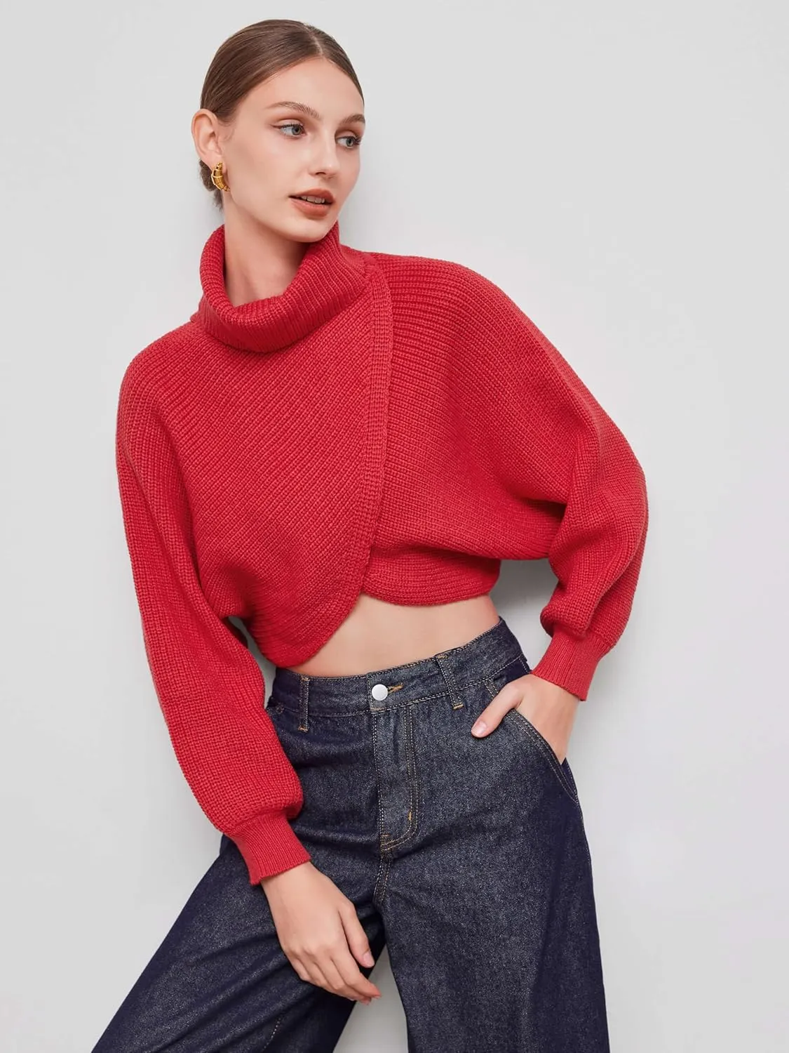 CIDER Cropped Sweaters for Women Turtleneck Long Sleeve Fall Sweaters Chunky Ribbed Knit Lantern Sleeve Pullover 2024