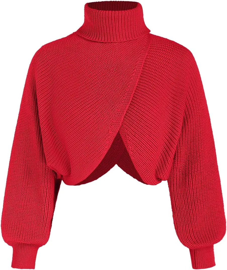 CIDER Cropped Sweaters for Women Turtleneck Long Sleeve Fall Sweaters Chunky Ribbed Knit Lantern Sleeve Pullover 2024