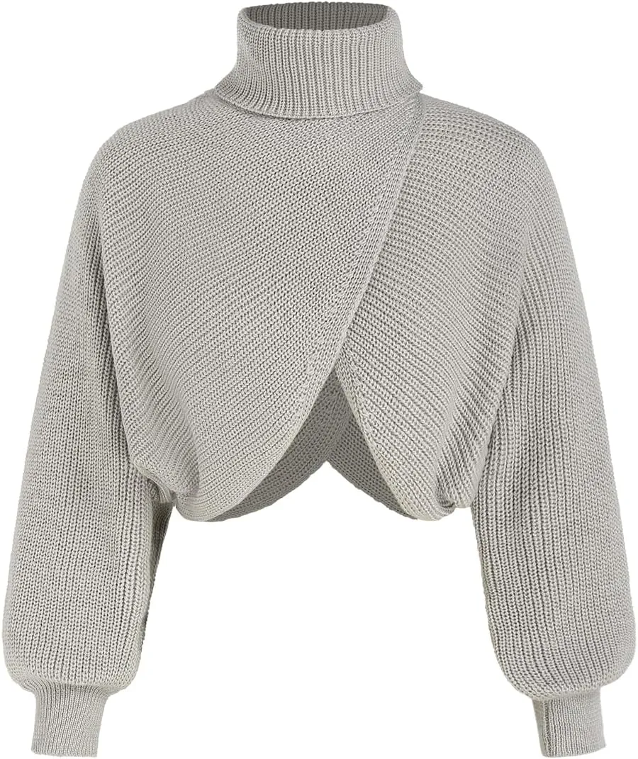 CIDER Cropped Sweaters for Women Turtleneck Long Sleeve Fall Sweaters Chunky Ribbed Knit Lantern Sleeve Pullover 2024