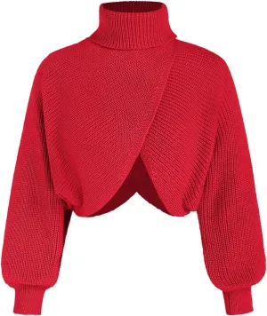 CIDER Cropped Sweaters for Women Turtleneck Long Sleeve Fall Sweaters Chunky Ribbed Knit Lantern Sleeve Pullover 2024