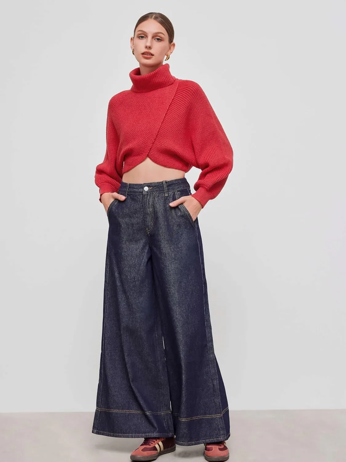 CIDER Cropped Sweaters for Women Turtleneck Long Sleeve Fall Sweaters Chunky Ribbed Knit Lantern Sleeve Pullover 2024