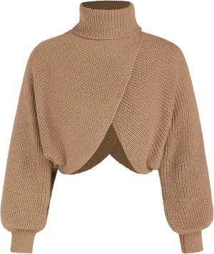 CIDER Cropped Sweaters for Women Turtleneck Long Sleeve Fall Sweaters Chunky Ribbed Knit Lantern Sleeve Pullover 2024