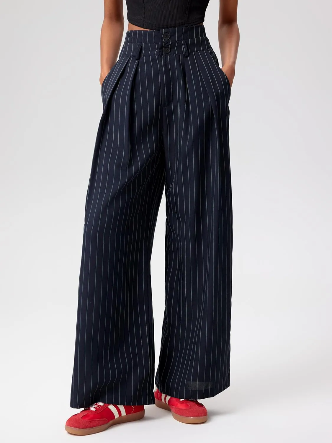 CIDER Womens Pants Striped Pleated Wide Leg Trousers Office Business Casual Mid Waist Button Pants for Women