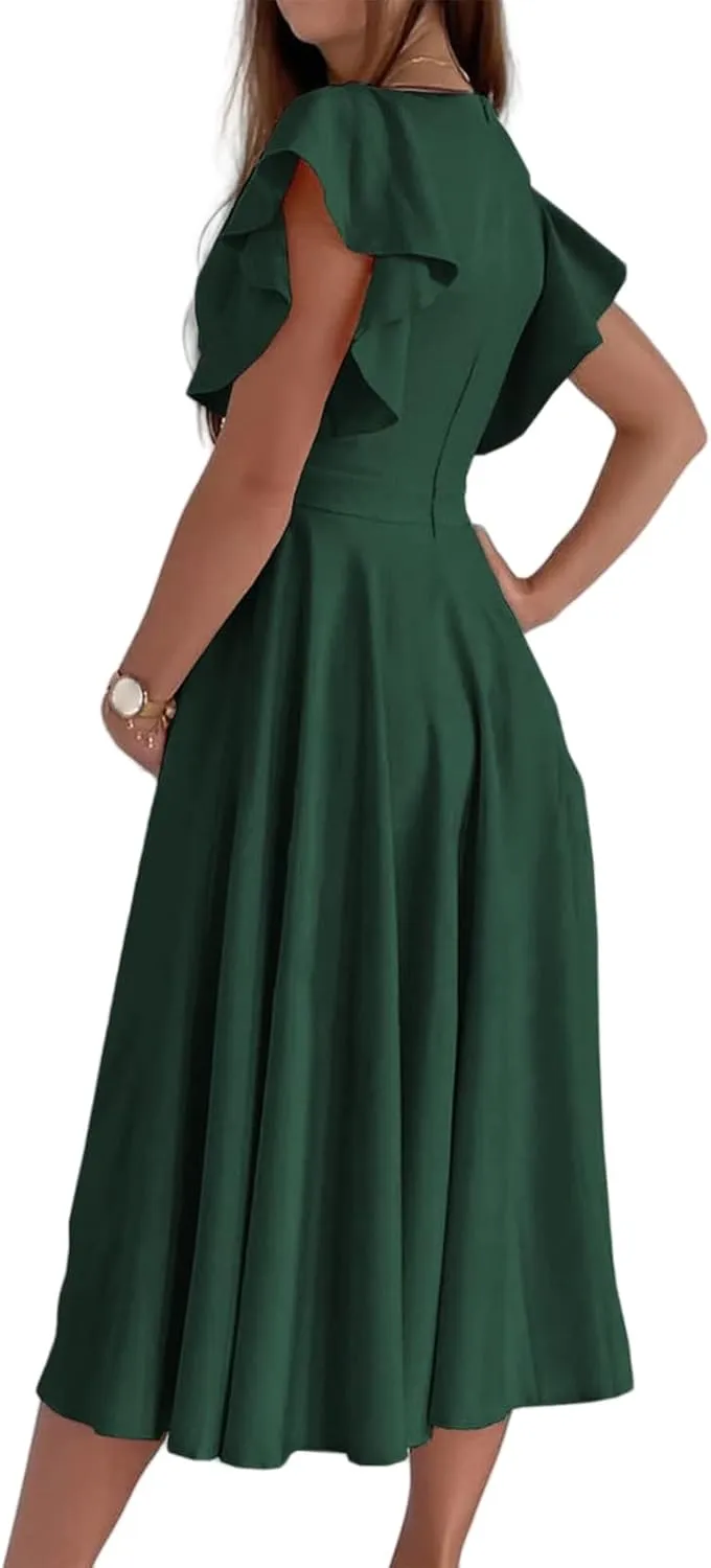 Cocktail Dresses for Women 2025 Wedding Guest Dress Ruffle Cap Sleeve Formal Dresses Wrap V Neck A-Line Midi Dress