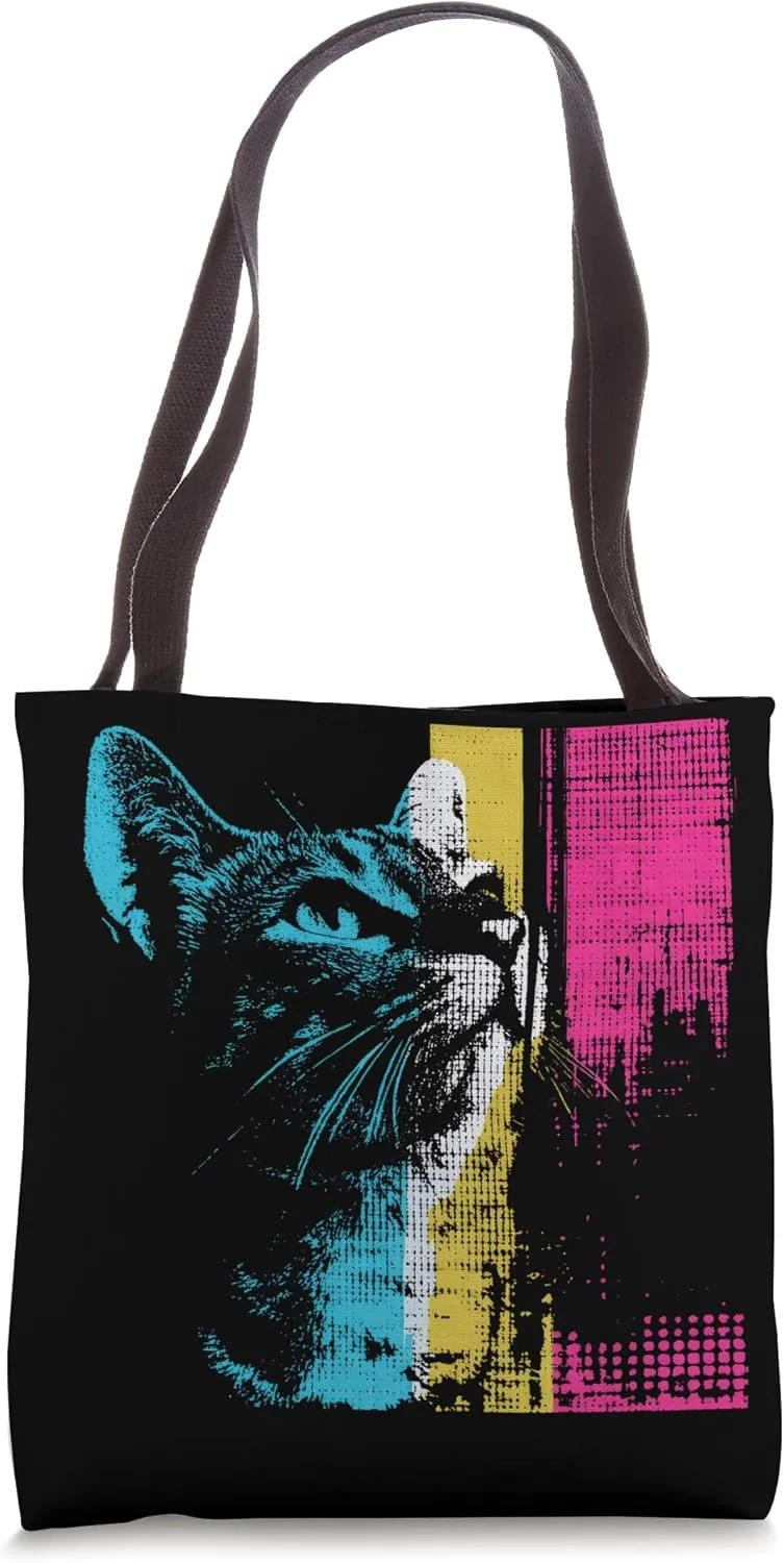 Colorful Cat Pop Art - Retro Graphic Design Tote Bag
