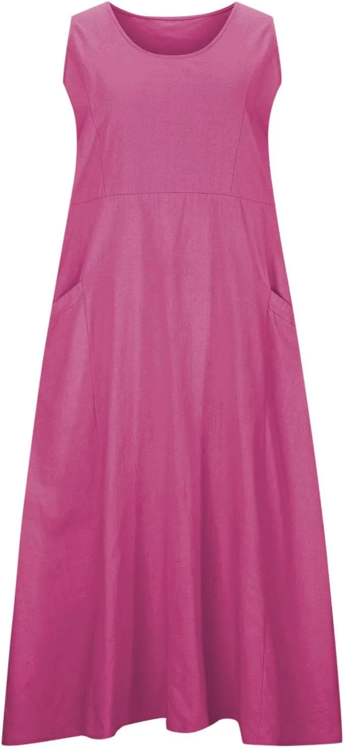 Cotton Linen Maxi Dress for Women 2025 Summer Boho Casual Beach Dresses Sleeveless Solid Long Dress Vacation Outfits