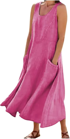 Cotton Linen Maxi Dress for Women 2025 Summer Boho Casual Beach Dresses Sleeveless Solid Long Dress Vacation Outfits