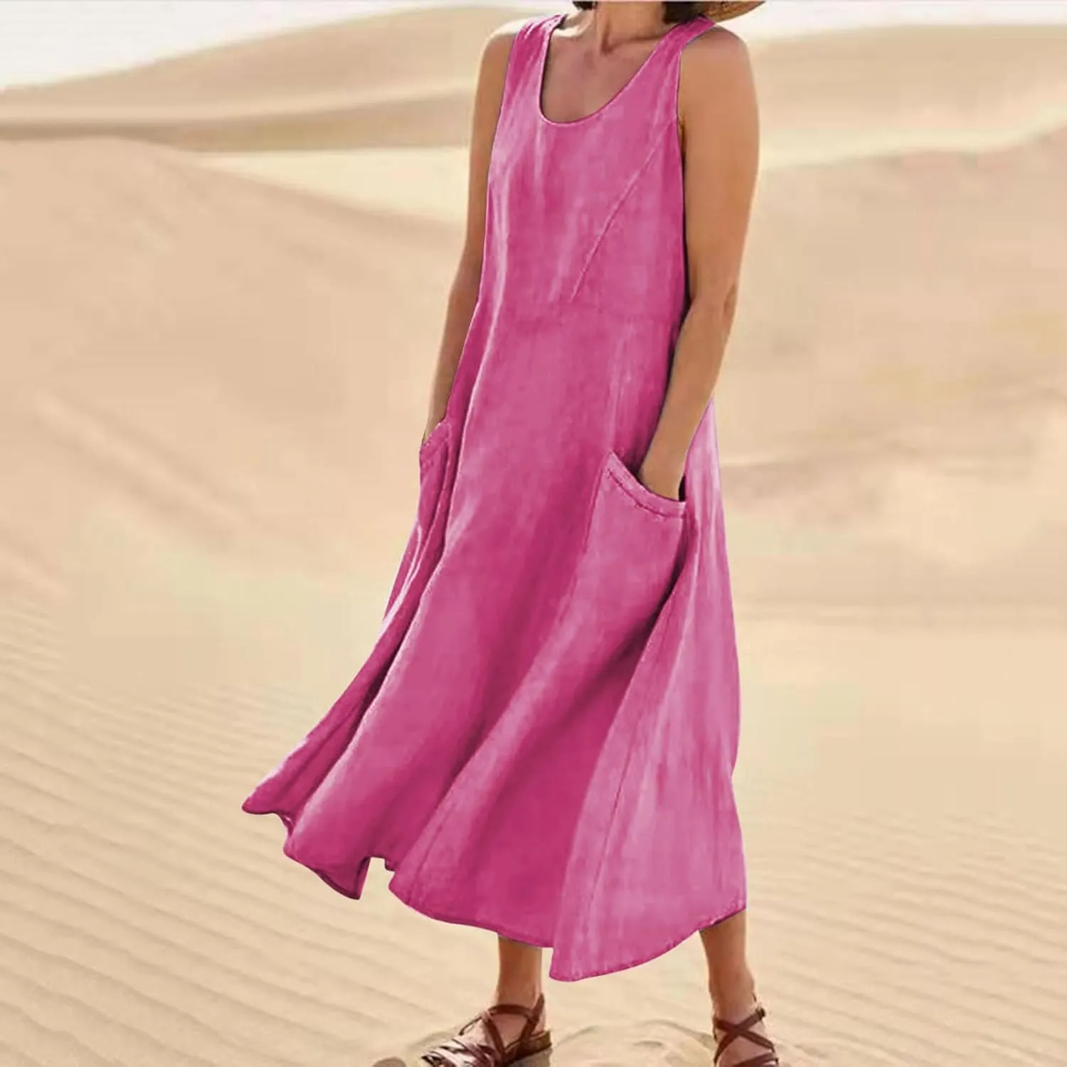 Cotton Linen Maxi Dress for Women 2025 Summer Boho Casual Beach Dresses Sleeveless Solid Long Dress Vacation Outfits