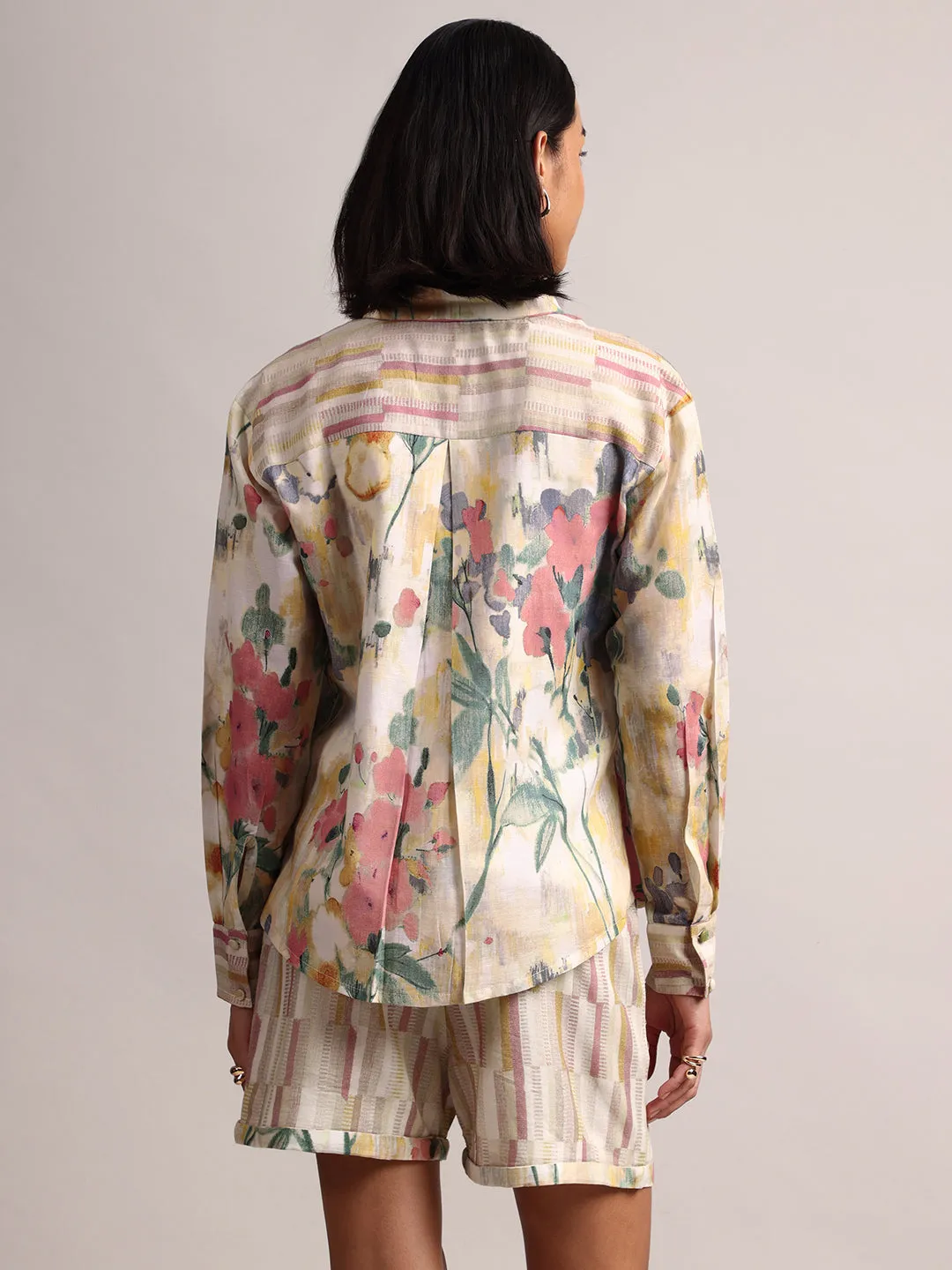 Cream Cotton Linen Floral Shirt Co-Ord Set